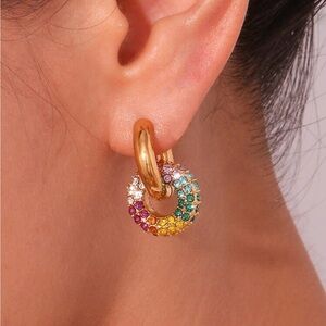 NEW Gold & Rainbow Cz Hoop Enamel Dangle Earring Set Gold Plated